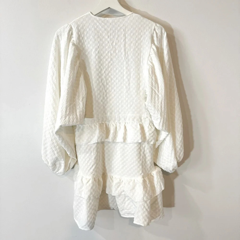 Ruffled Summer Wedding Shower White Mini Dress with Puffy Sleeves Size S